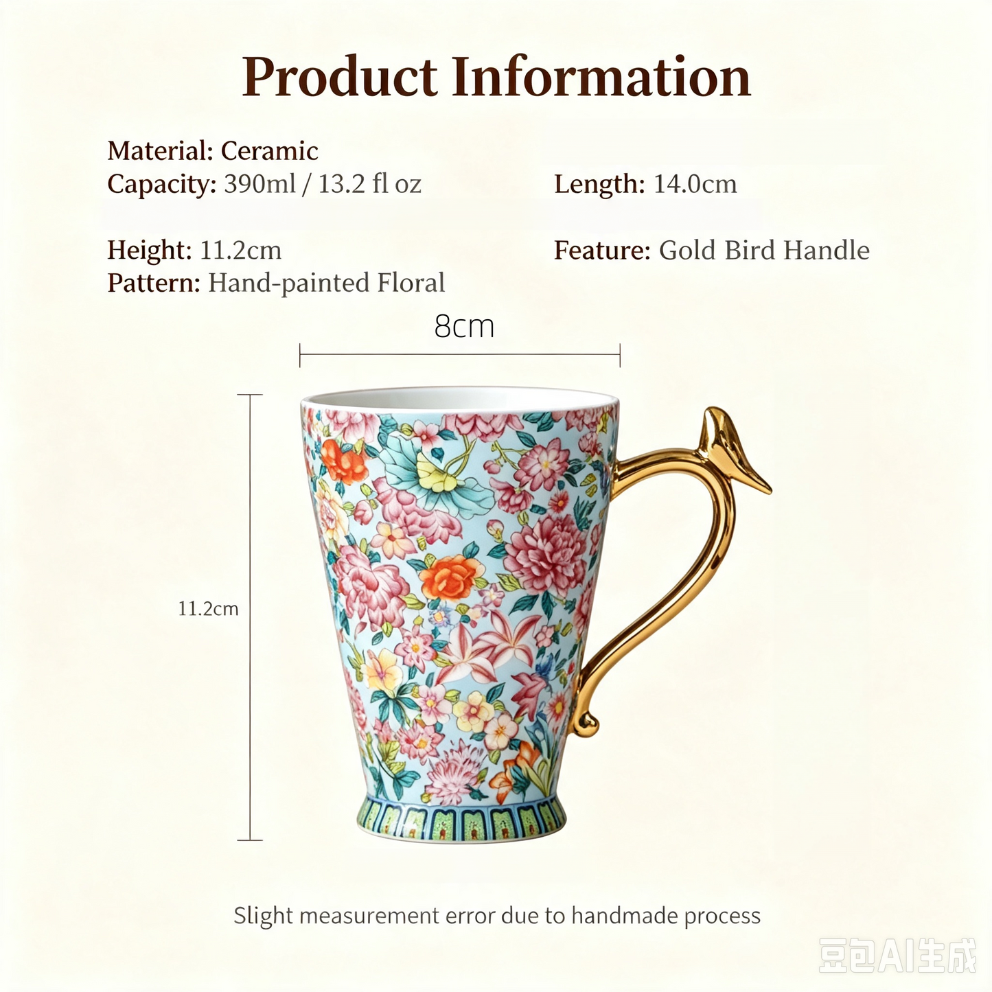 Ceravor Floral Bird Handle Ceramic Mug – 390ml