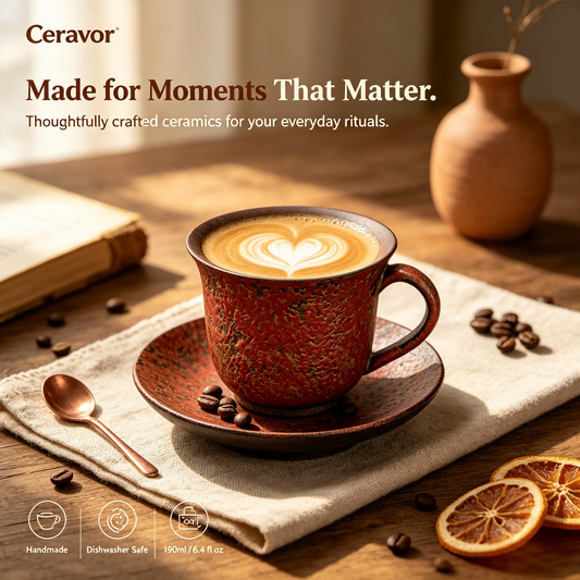 Ceravor Ember Rust Rustic Glaze Ceramic Espresso Cup & Saucer Set | Handmade Coffee Cup
