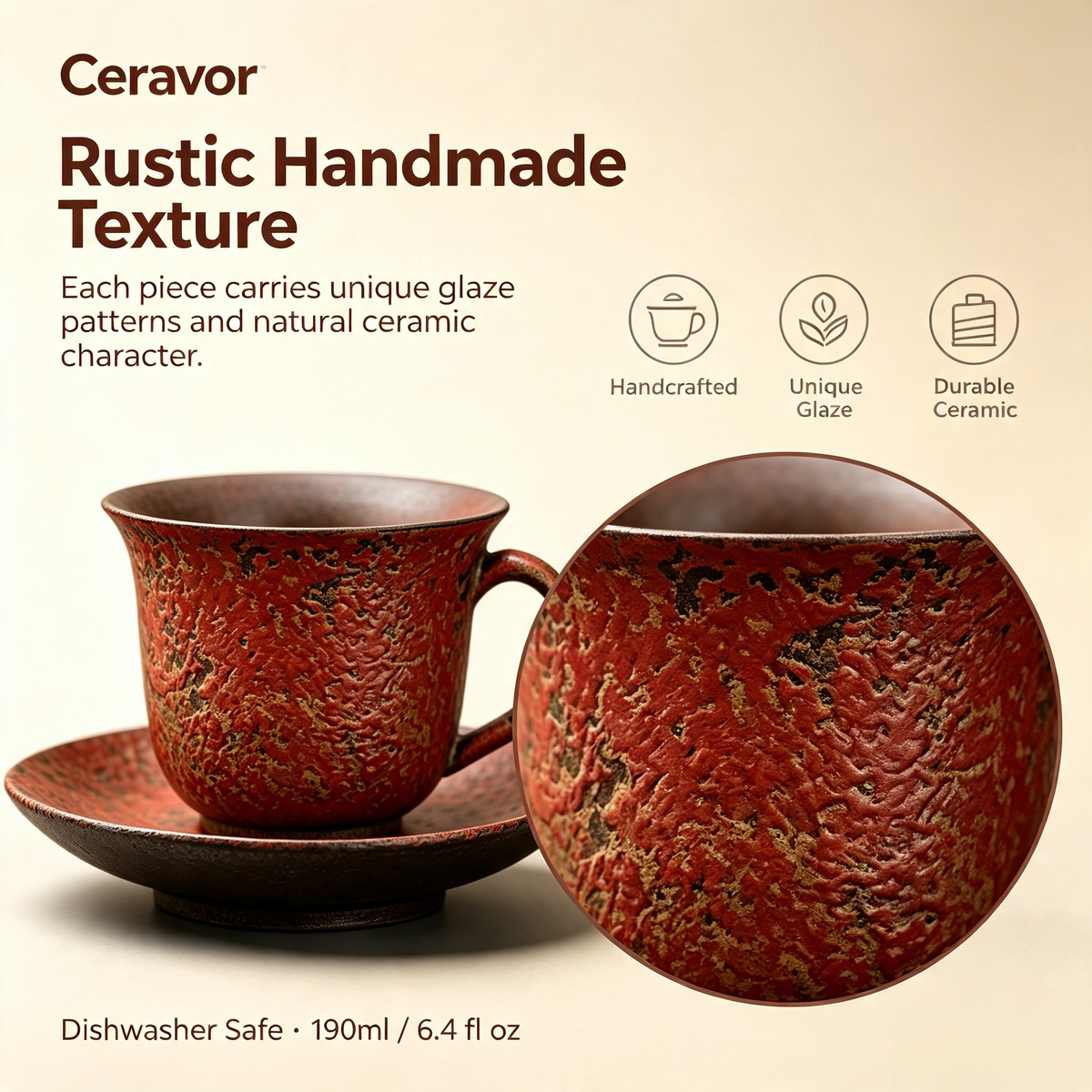 Ceravor Ember Rust Rustic Glaze Ceramic Espresso Cup & Saucer Set | Handmade Coffee Cup