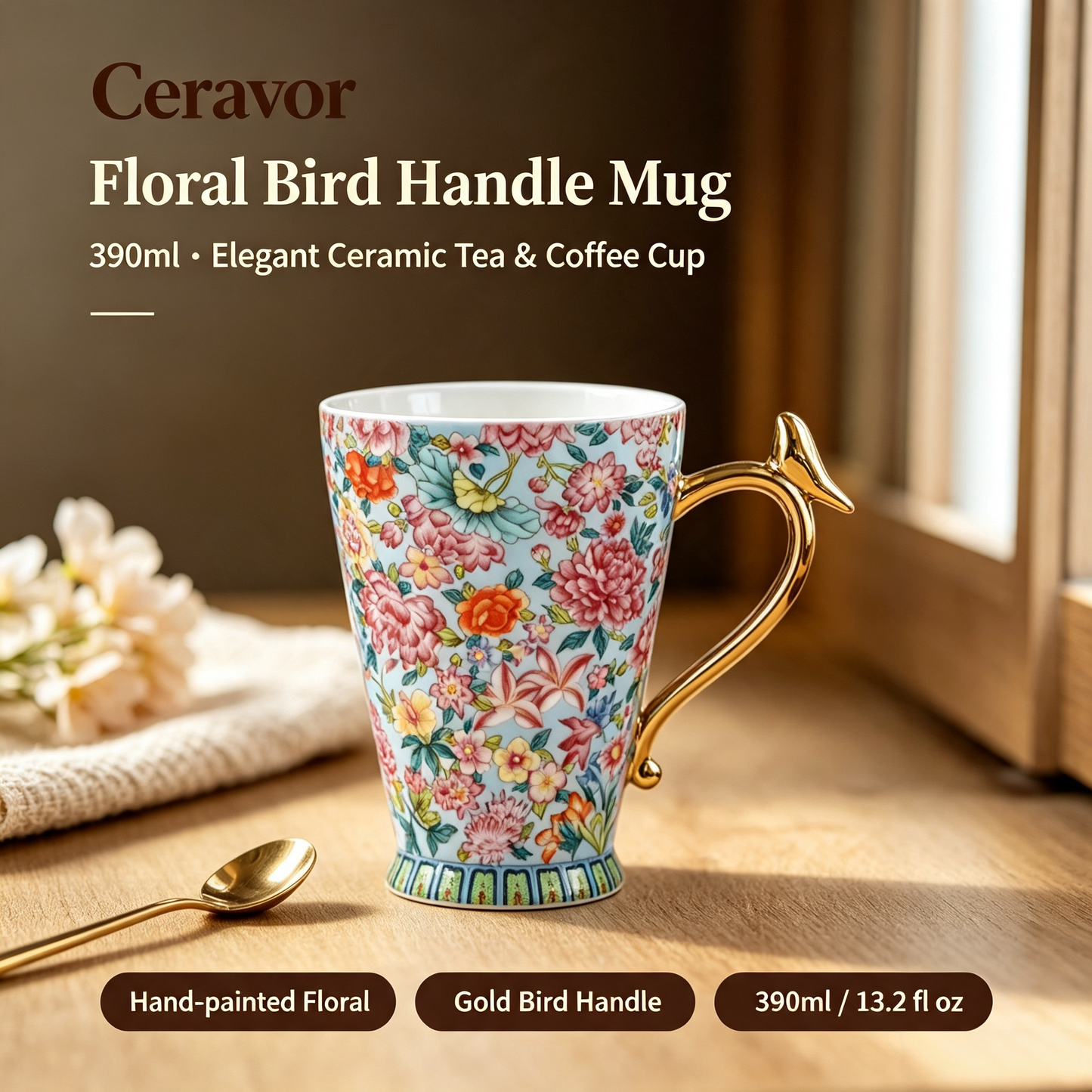 Ceravor Floral Bird Handle Ceramic Mug – 390ml