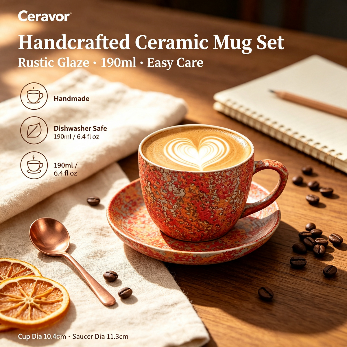 Ceravor Crimson Stardust Rustic Glaze Ceramic Cup & Saucer Set