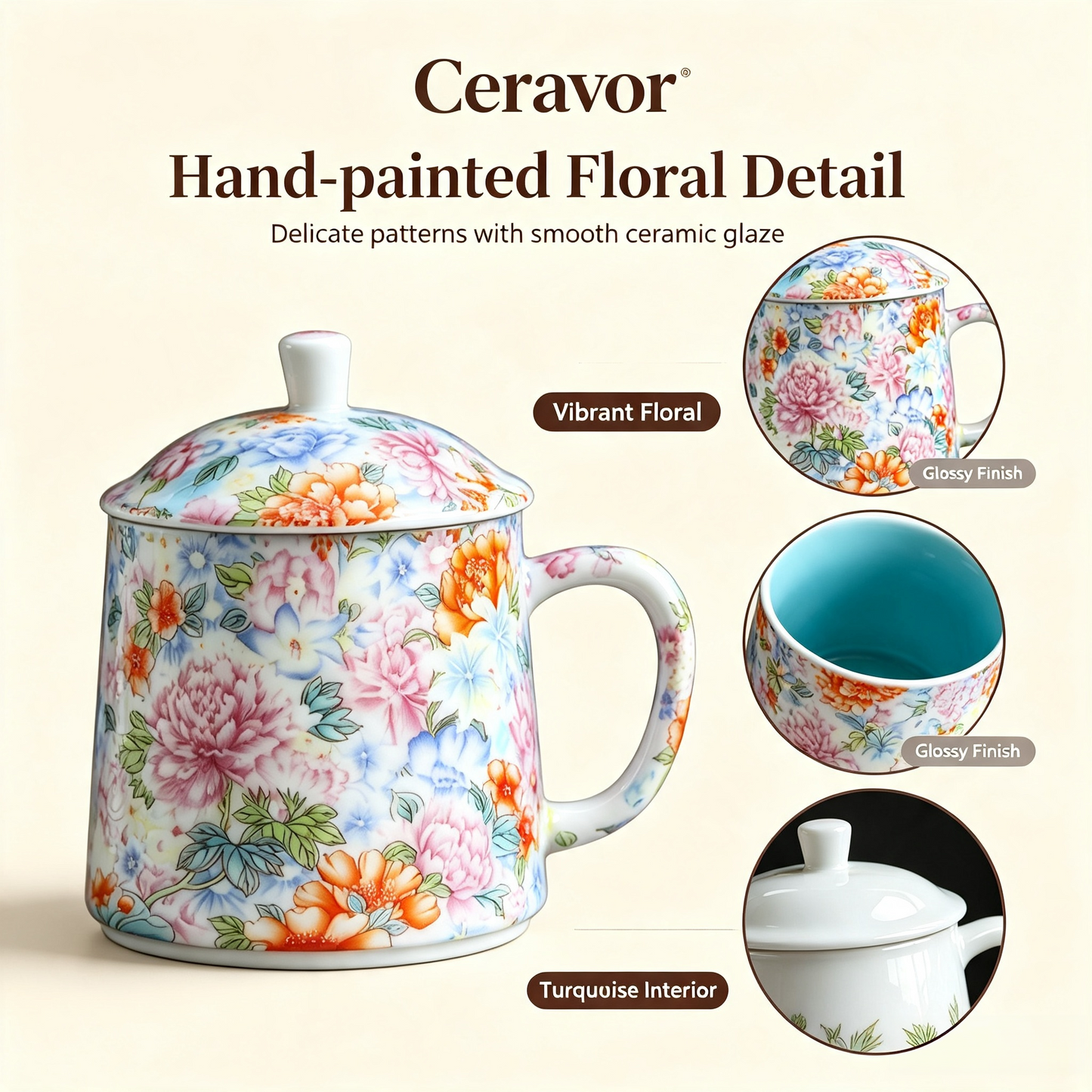 Ceravor Peony Garden Enamel Ceramic Mug with Lid