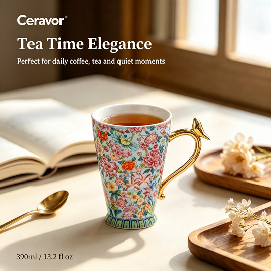 Ceravor Floral Bird Handle Ceramic Mug – 390ml