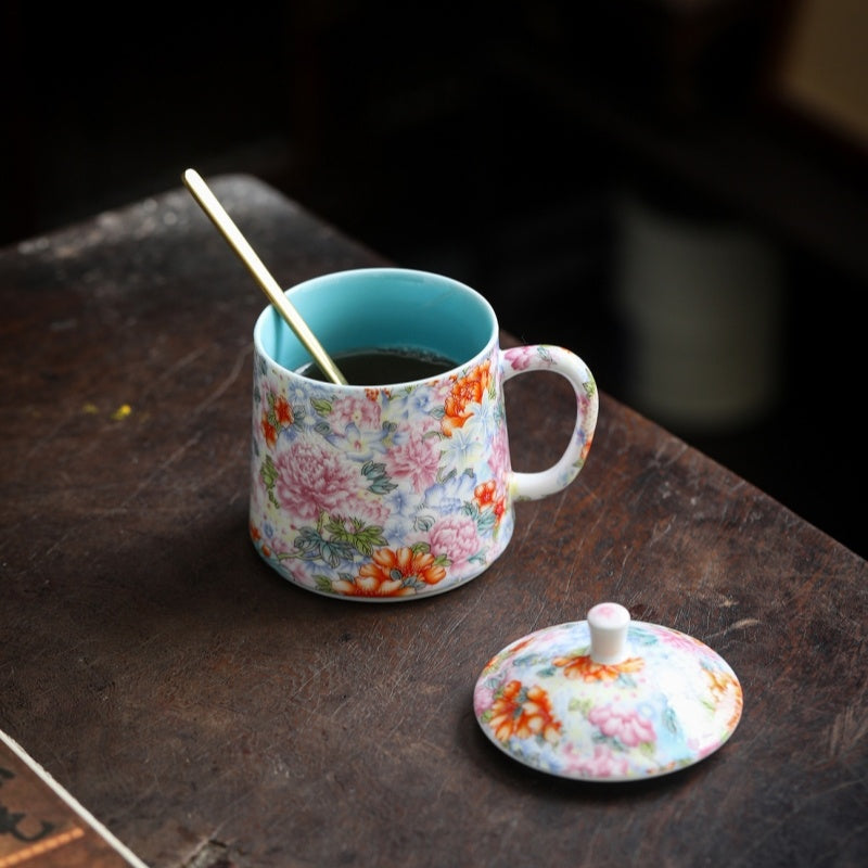 Ceravor Peony Garden Enamel Ceramic Mug with Lid