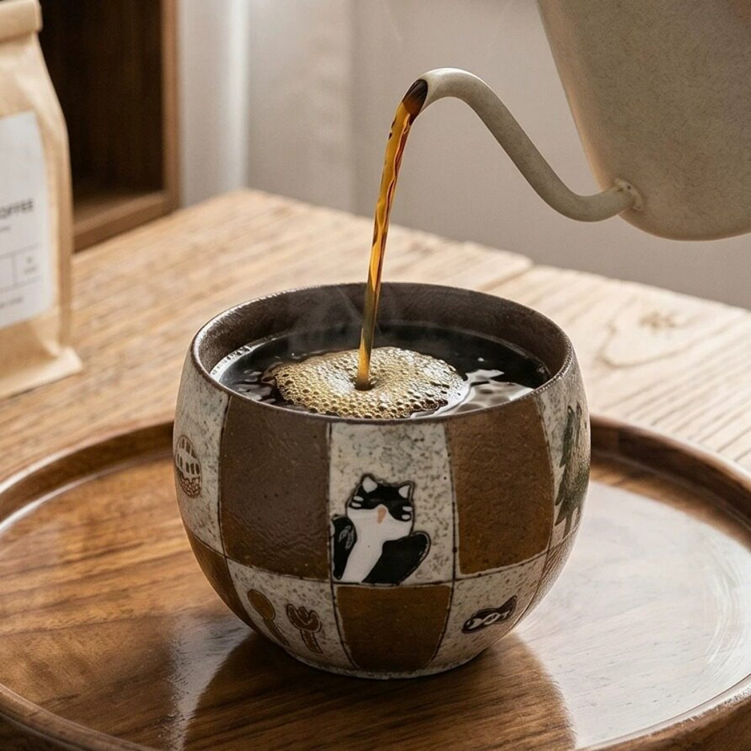 Espresso pouring into Ceravor cat ceramic cup from coffee machine