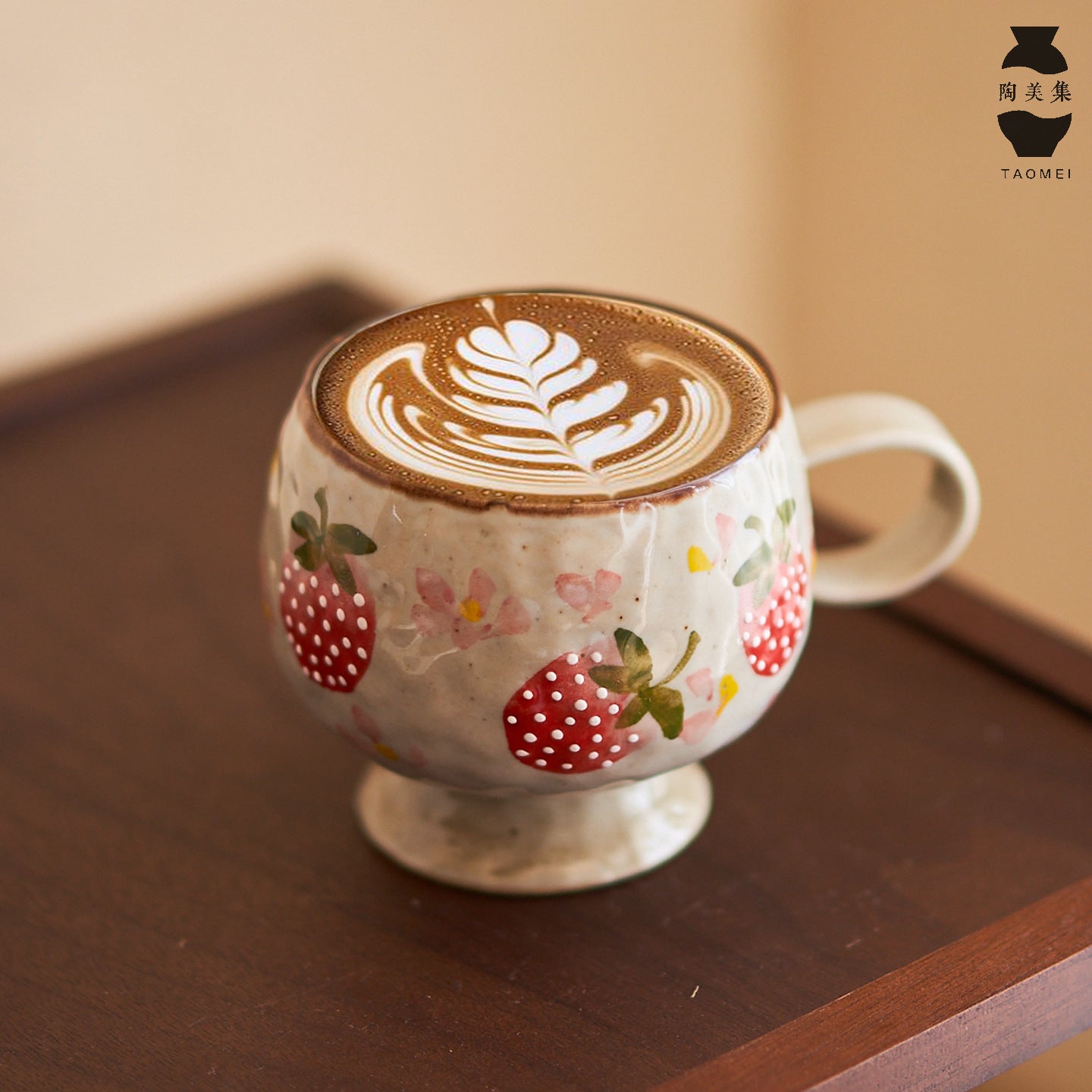 Ceravor strawberry rustic mug with intricate latte art