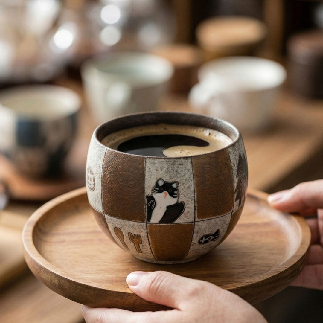 Two Ceravor cat ceramic cups on wooden table with coffee and milk