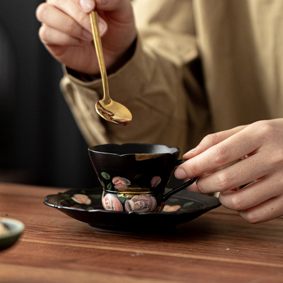 Ceravor black espresso cup and saucer with hand-painted roses and gold spoon