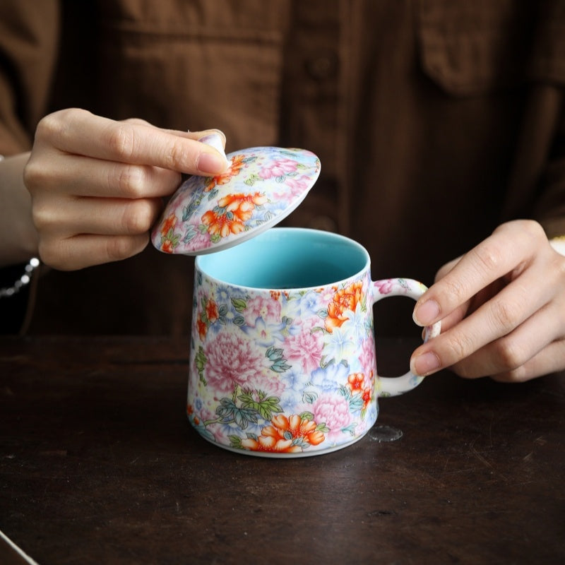 Ceravor Peony Garden Enamel Ceramic Mug with Lid