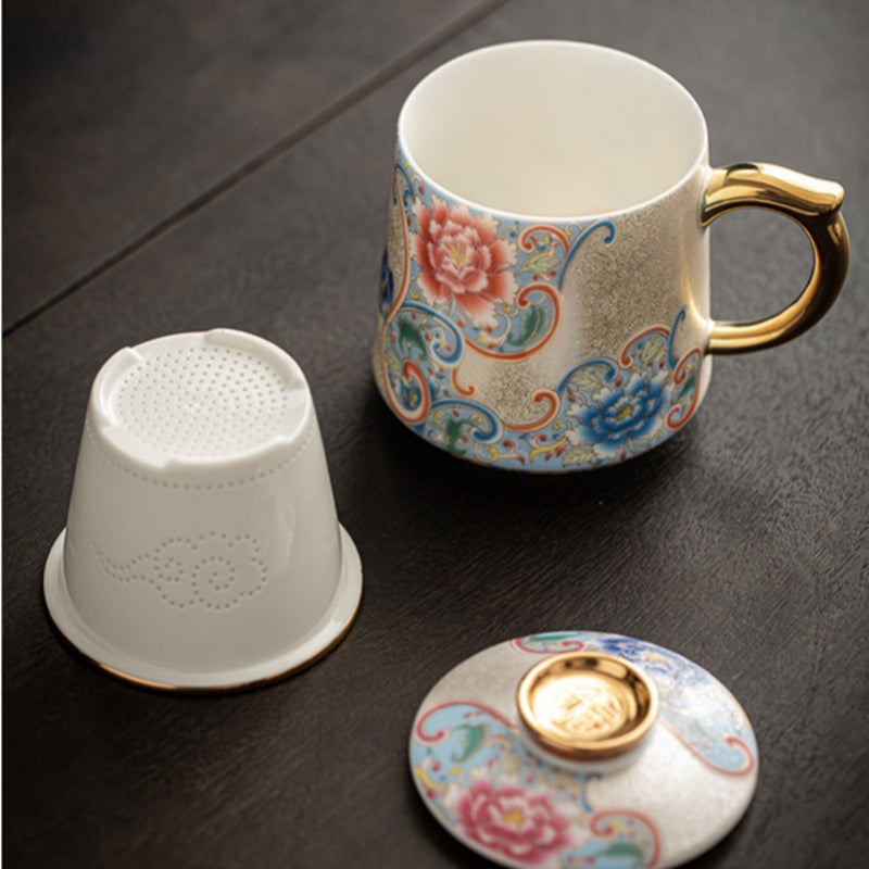 Ceravor enamel tea mug components showing mug, infuser, and lid