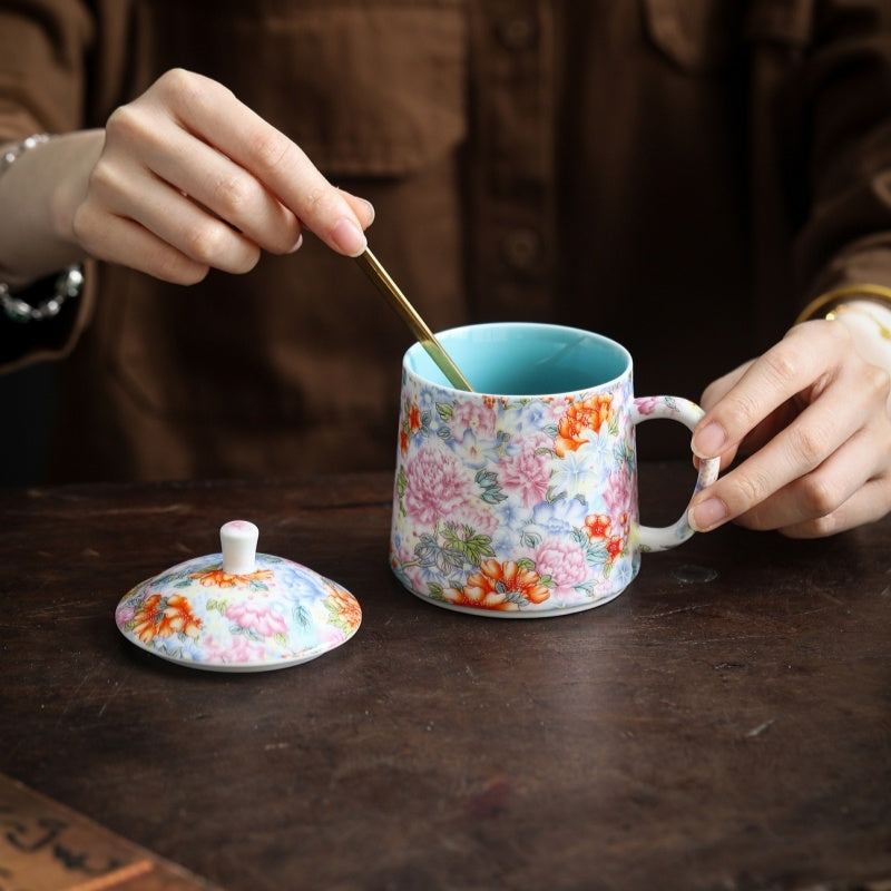 Ceravor Peony Garden Enamel Ceramic Mug with Lid