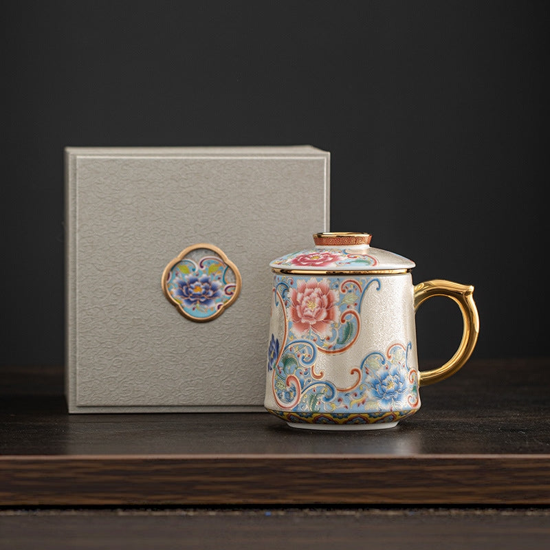 Ceravor silver filigree enamel tea mug next to premium gift box