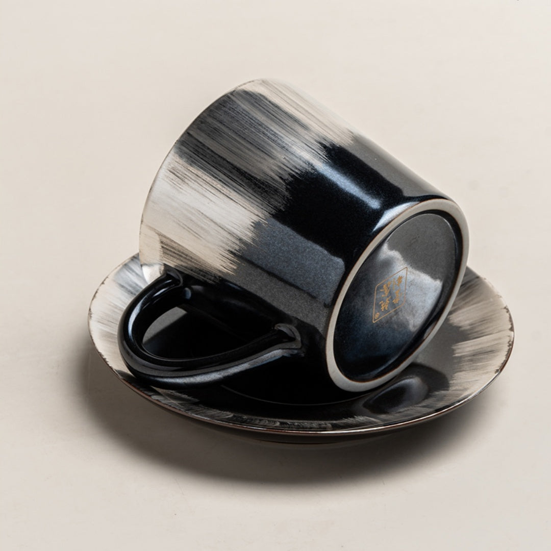Another view of Ceravor Linglong white cup with hot coffee releasing steam