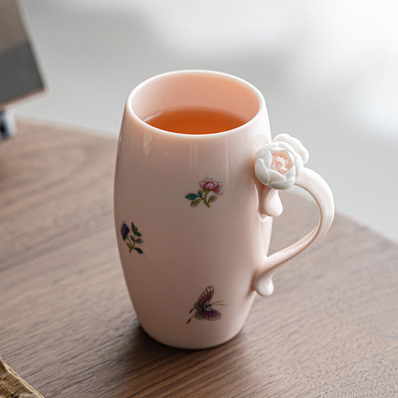 Ceravor Peony Garden pink ceramic mug held by handle