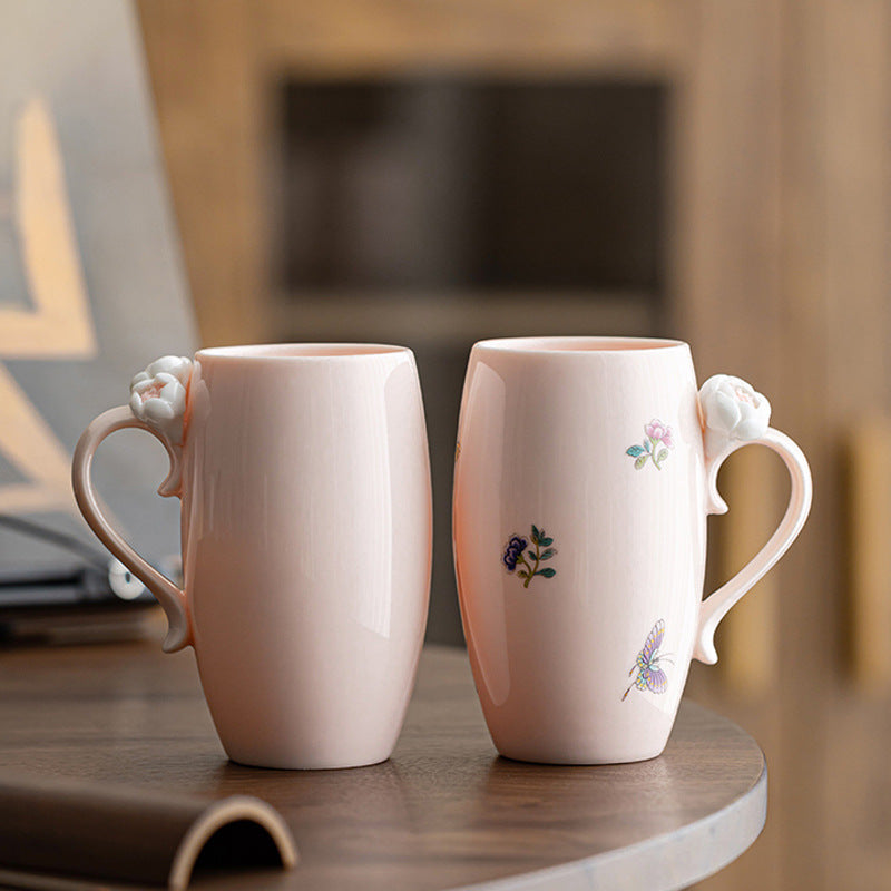 Top-down view of Ceravor Peony Garden pink mug showing flower handle detail