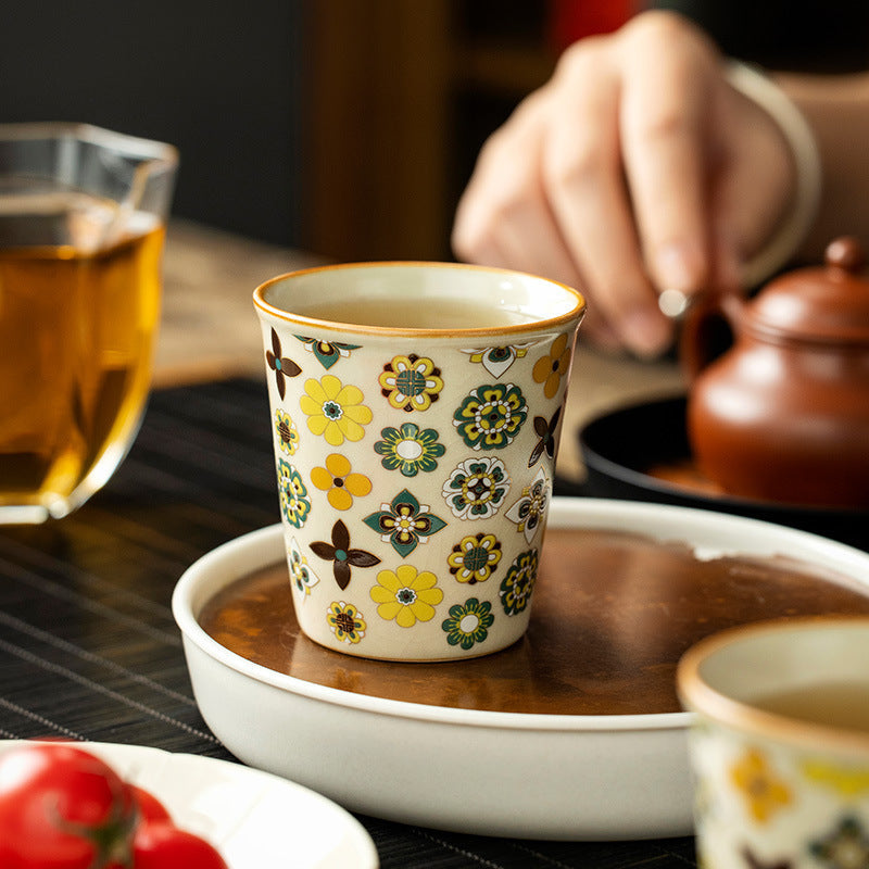 Ceravor retro floral ceramic cup on wooden tray with tea setting