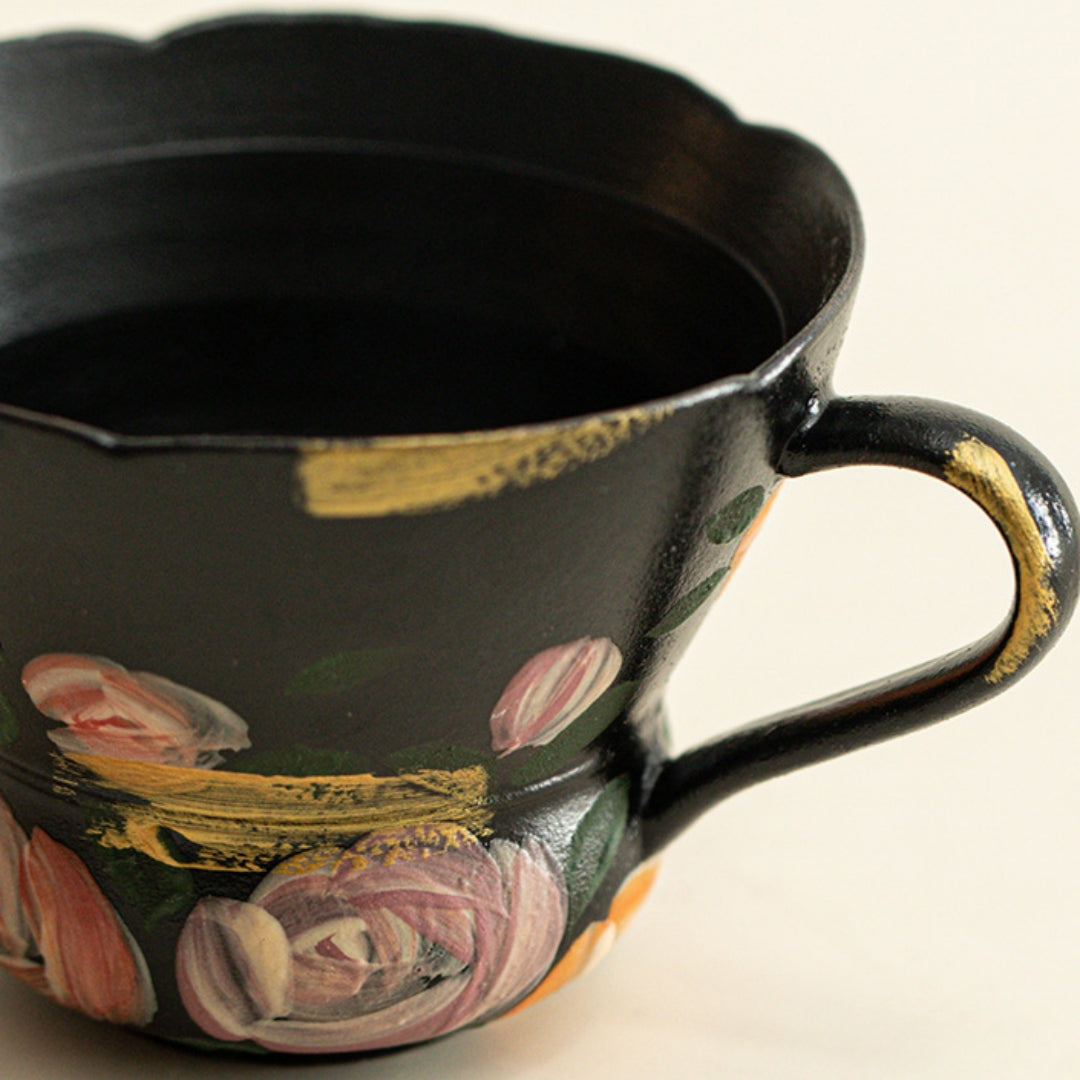 Ceravor Hand-painted Rose Black Ceramic Espresso Cup spec infographic - 110ml, 9x5.5cm