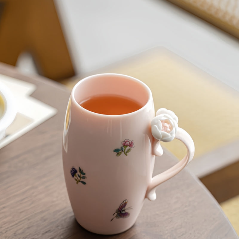 Ceravor Peony Garden pink ceramic mug lying down showing delicate floral enamel