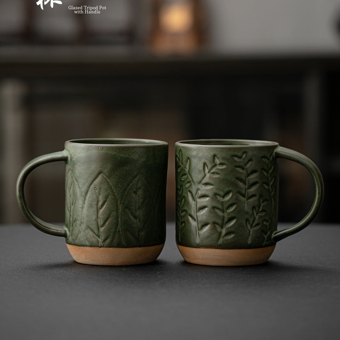Ceravor large leaf relief green ceramic mug with a sturdy handle