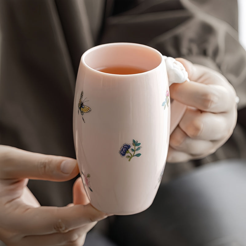 Two Ceravor Peony Garden pink ceramic mugs displayed together