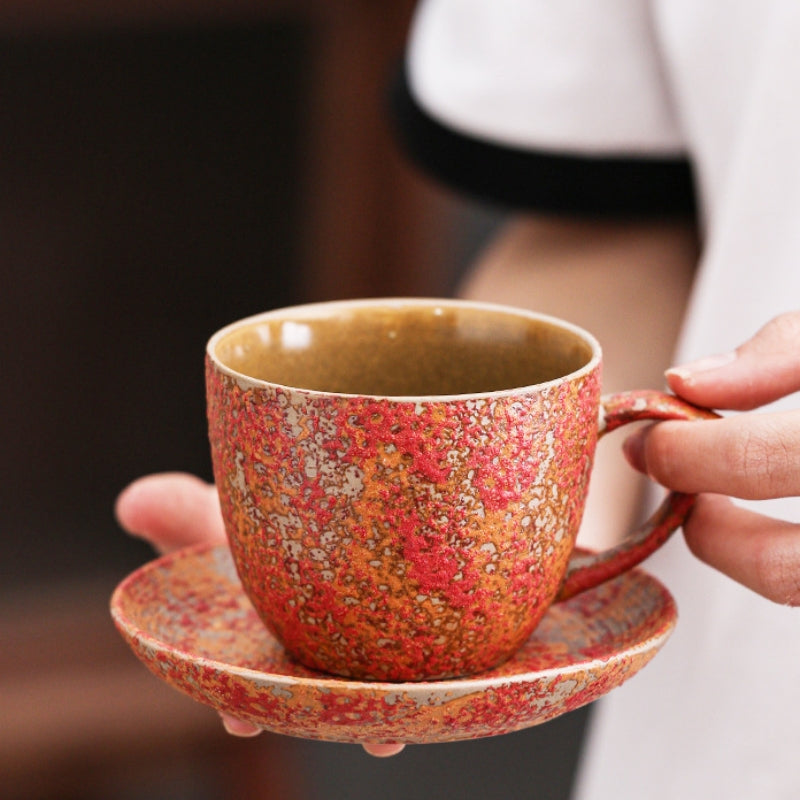 Ceravor Crimson Stardust Rustic Glaze Ceramic Cup & Saucer Set