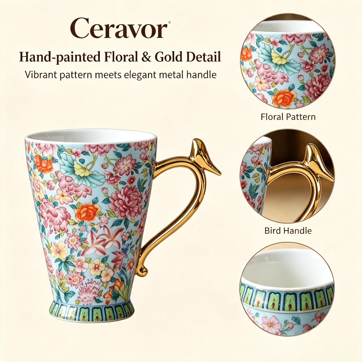 Ceravor Floral Bird Handle Ceramic Mug – 390ml