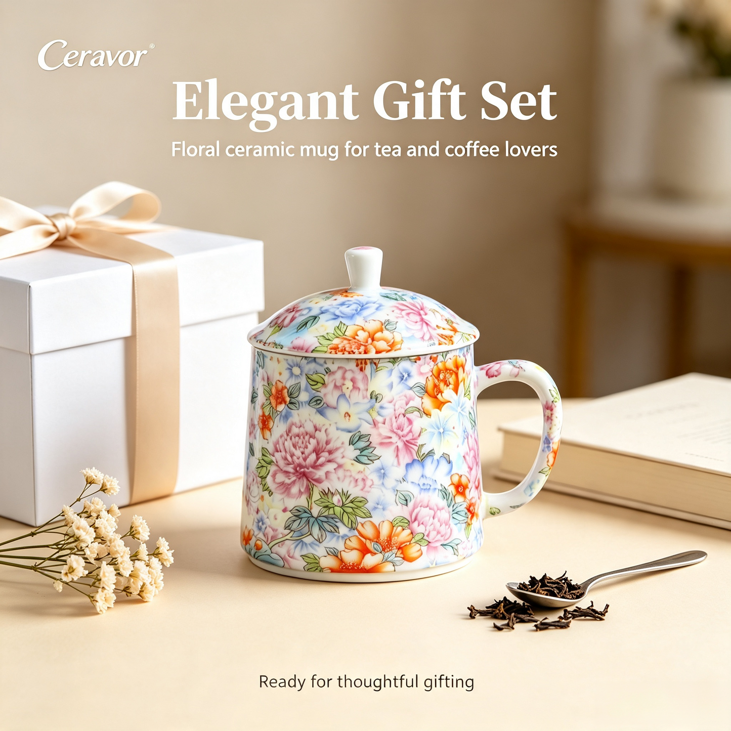 Ceravor Peony Garden Enamel Ceramic Mug with Lid