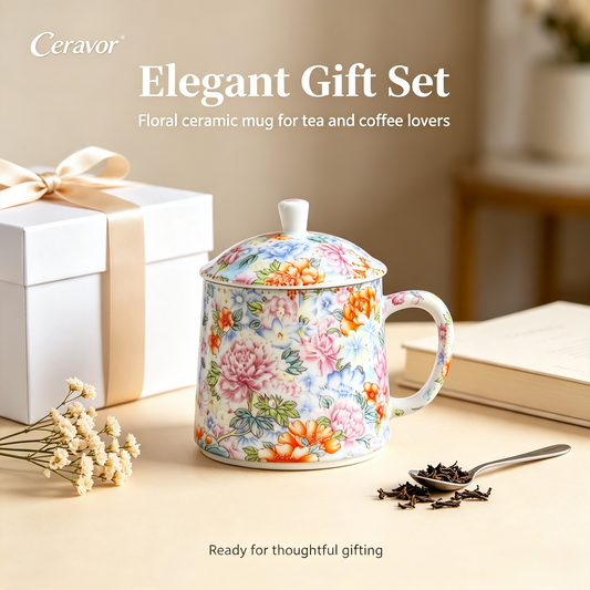 Ceravor Peony Garden Enamel Ceramic Mug with Lid